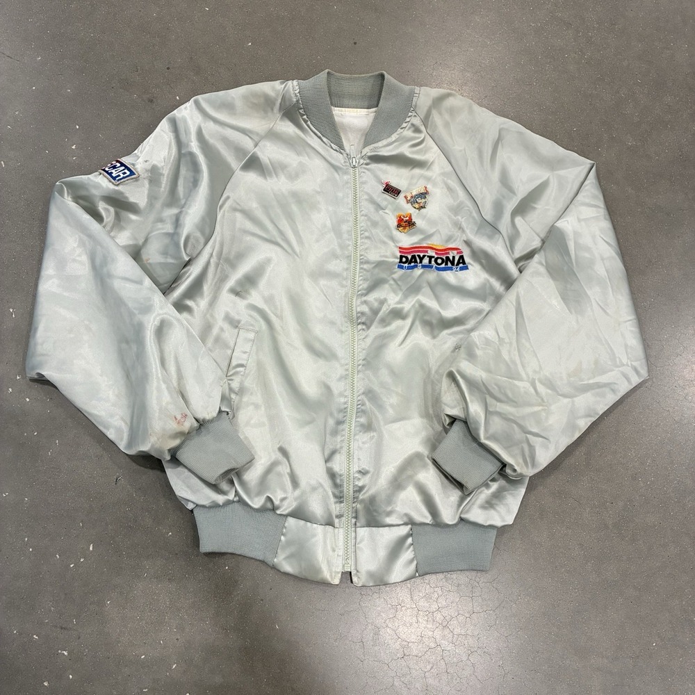 VTG 1994 Daytona 500 Silver Satin Bomber Jacket Medium Racing NASCAR